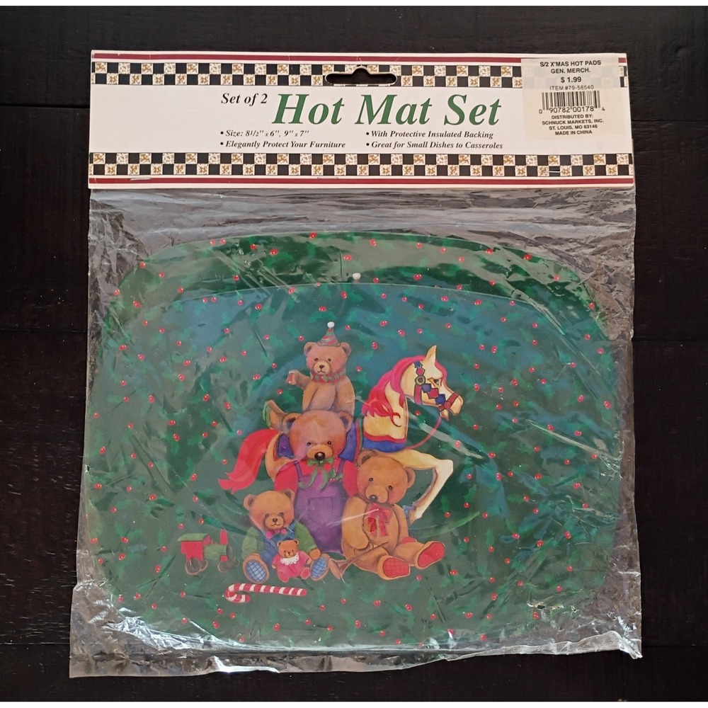 NIP 2 Pc Metal Hot Mat Set Pot Mats Christmas Teddy Bears Toys Red Green Holiday